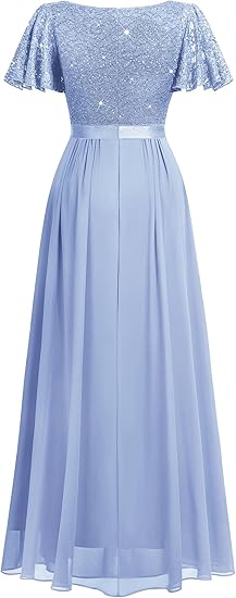 Women's Retro V-Neck Ruffle Sleeve Sequined Floral Lace Bridesmaid Party Evening Dresses